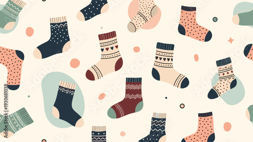 Seamless pattern of colorful patterned socks with stripes, dots, and hearts on a light cream background with soft shapes.