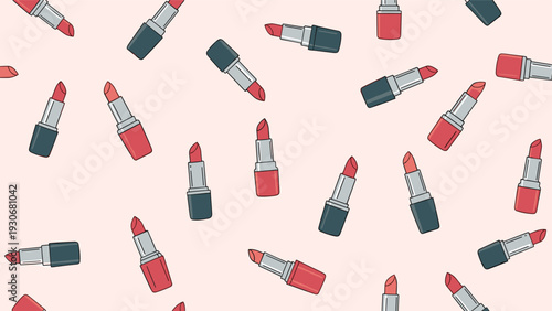Repeating seamless pattern of many open lipstick tubes in various red and pink shades on a light pink background for beauty products.