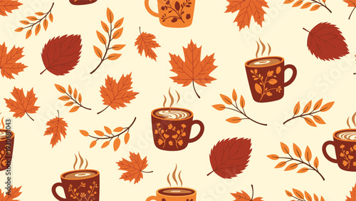 Seamless pattern featuring autumn maple leaves and steaming cups of coffee in a warm fall color palette on a cream background.