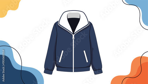 Stylish blue winter jacket with white sheepskin collar isolated on white background with abstract colorful fluid shapes.