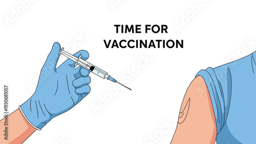 Medical worker in blue gloves preparing a syringe for vaccination with text reading time for vaccination.