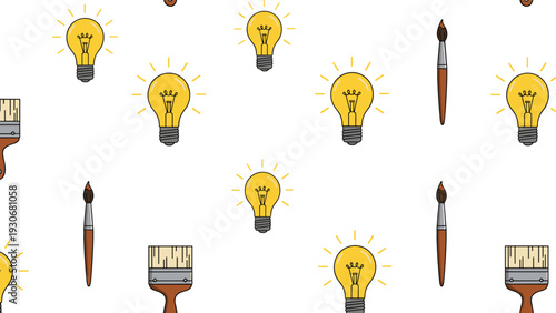 Seamless pattern depicting yellow light bulbs and various paint brushes representing creativity and artistic inspiration.