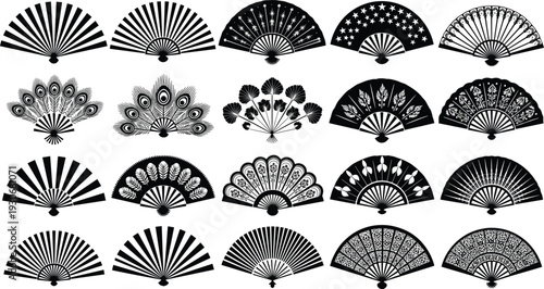 Decorative hand fan silhouettes vector set with oriental folding fans isolated ornamental illustration