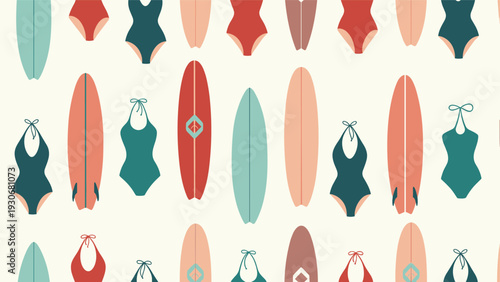 Seamless pattern featuring colorful surfboards and various swimsuits in a retro color palette on a cream background.