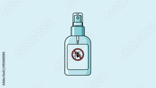 Blue insect repellent spray bottle with a crossed out mosquito icon on a soft light blue background.