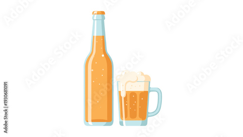 Illustration of a full beer bottle next to a glass mug with overflowing foam on a white background.