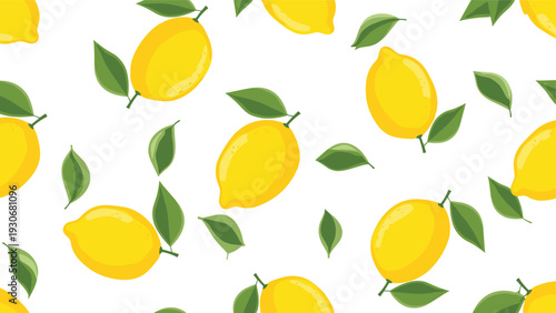 Vibrant seamless pattern featuring whole yellow lemons and green leaves scattered across a clean white background.