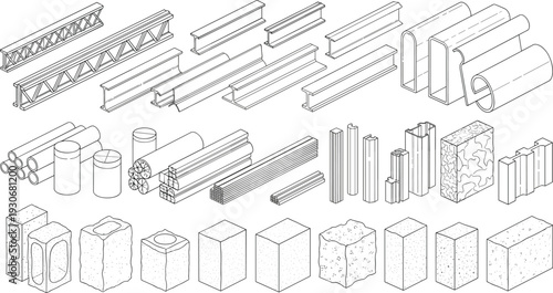 Construction materials outline vector set with steel beams concrete blocks and building elements illustration
