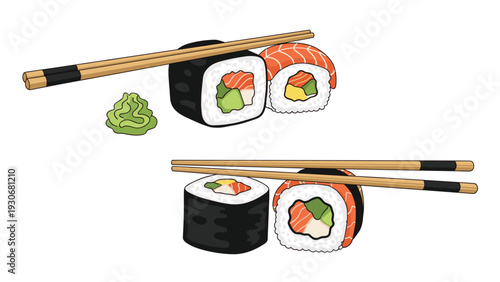 Illustration of various sushi rolls and salmon nigiri with wasabi and wooden chopsticks on a white background.
