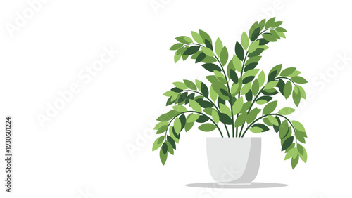 Illustration of a green leafy plant in a simple white pot isolated on a white background with a soft shadow.