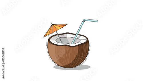 Refreshing tropical coconut drink served in a halved shell features a blue striped straw and a small orange cocktail umbrella decoration.