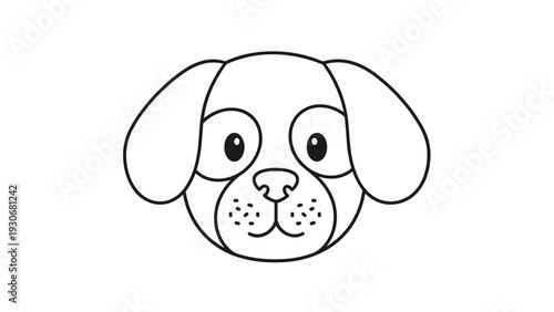Simple line art drawing depicts a friendly dog face with large ears and spotted muzzle detail on a clean white background.
