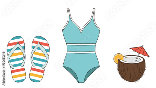 Beach vacation essential icons include striped flip flops, a one piece blue swimsuit, and a tropical coconut cocktail with a red umbrella.