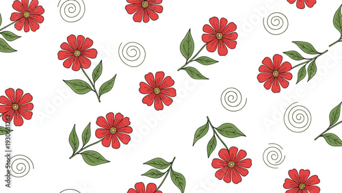Floral pattern showcases bright red flowers with green leaves and thin black spiral accents arranged on a clean white background.
