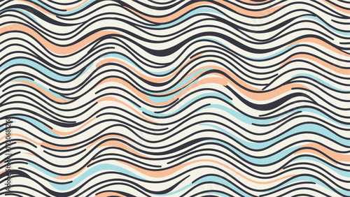 Abstract wave pattern uses flowing organic lines in black and pastel colors to create a sense of movement across the entire composition.