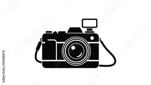 Modern digital camera icon shown in black silhouette includes a lens and an external flash unit mounted on the top accessory shoe.