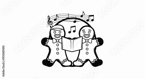 Two gingerbread figures singing with musical notes above