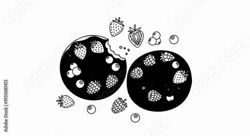 Two round dark plates filled with various berries, some scattered around