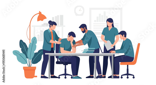 Team members offering support to a distressed colleague in a modern office setting. Vector Illustrations. EPS Editable