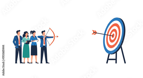 Team Aiming for Target with Bow and Arrow Business Goal Achievement. Vector Illustrations. EPS Editable