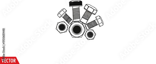 Top view illustration of assorted metal nuts and bolts arranged in a radial pattern