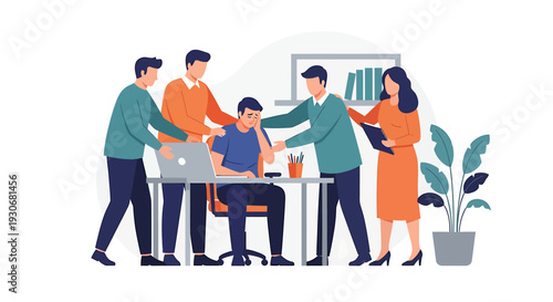 Team Supporting Stressed Colleague in Office Environment. Vector Illustrations. EPS Editable