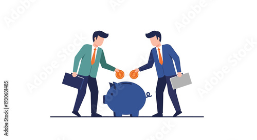 Two businessmen depositing coins into a piggy bank symbolizing savings and investment. Vector Illustrations. EPS Editable