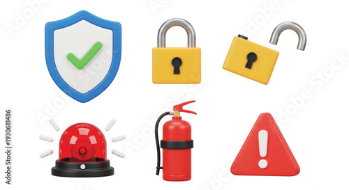 Collection of security and safety icons including a shield with checkmark padlocks fire extinguisher alarm and warning sign