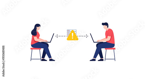 Two people exchanging data using laptops and blockchain technology. Vector Illustrations. EPS Editable