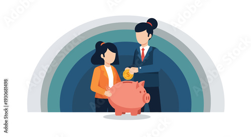 Two women saving money in a piggy bank financial planning concept. Vector Illustrations. EPS Editable