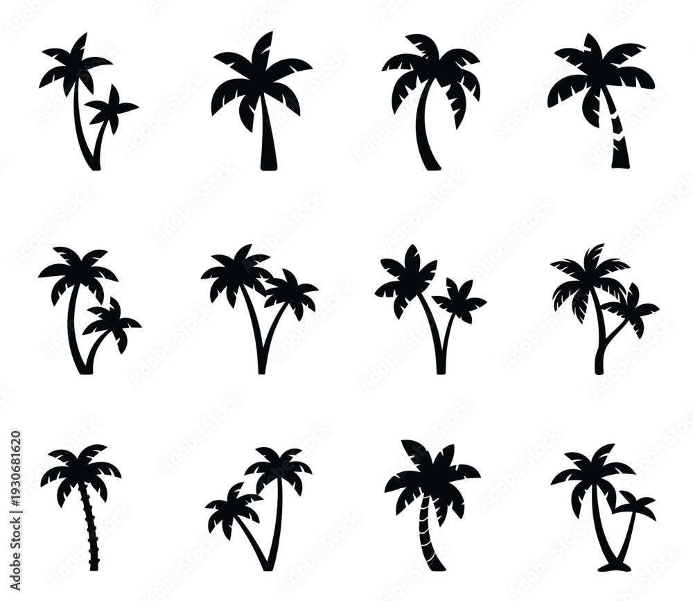 Fototapeta premium Palm Tree Icon Vector Tropical Silhouettes and Outline Collection