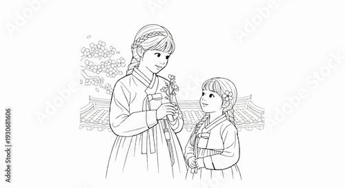 Two girls in traditional clothing share flowers under a blooming tree near a building