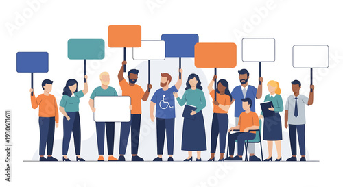 Diverse Group of People Holding Blank Signs for Protest or Demonstration. Vector Illustrations. EPS Editable