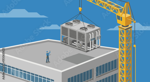 Commercial Crane Lift
A wide shot of a large commercial HVAC rooftop unit being lowered by a crane onto a building. A tiny HVAC technician figure on the roof is using hand signals to guide it.