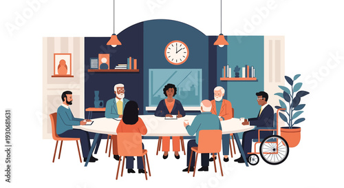Diverse group of people in a modern meeting room discussing ideas around a table. Vector Illustrations. EPS Editable