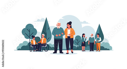 Diverse Group of People in a Park Setting Including Seniors and Individuals in Wheelchairs. Vector Illustrations. EPS Editable