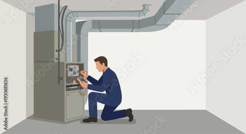 An HVAC technician in a basement utility room, kneeling in front of an open gas furnace. They are using a multimeter to check components inside the panel. Overhead metal ductwork is visible