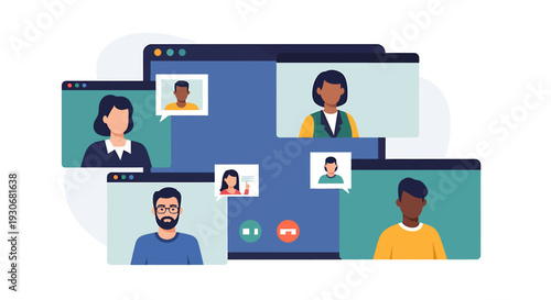 Diverse Group of People in a Virtual Video Conference Call. Vector Illustrations. EPS Editable