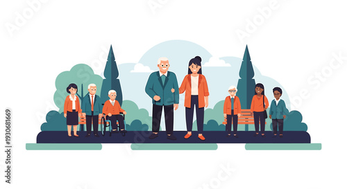 Diverse Group of People Standing and Sitting in a Park Setting. Vector Illustrations. EPS Editable