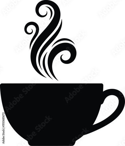 Stylized black silhouette of a warm ceramic coffee cup emitting ornate, swirling plumes of steam upwards.