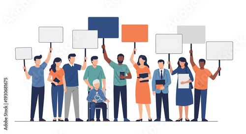 Diverse Group of People Protesting with Blank Signs. Vector Illustrations. EPS Editable