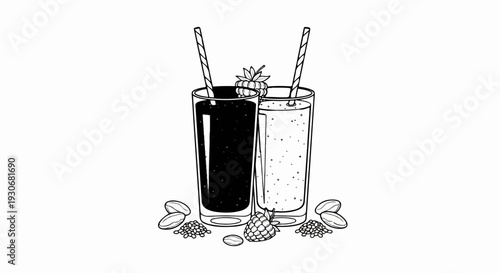 Two glasses of fresh juice with fruit and seeds at the bottom