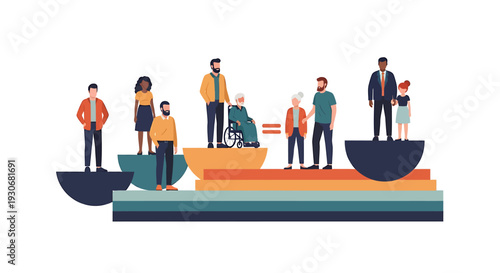 Diverse group of people standing on scales representing equality and equity. Vector Illustrations. EPS Editable