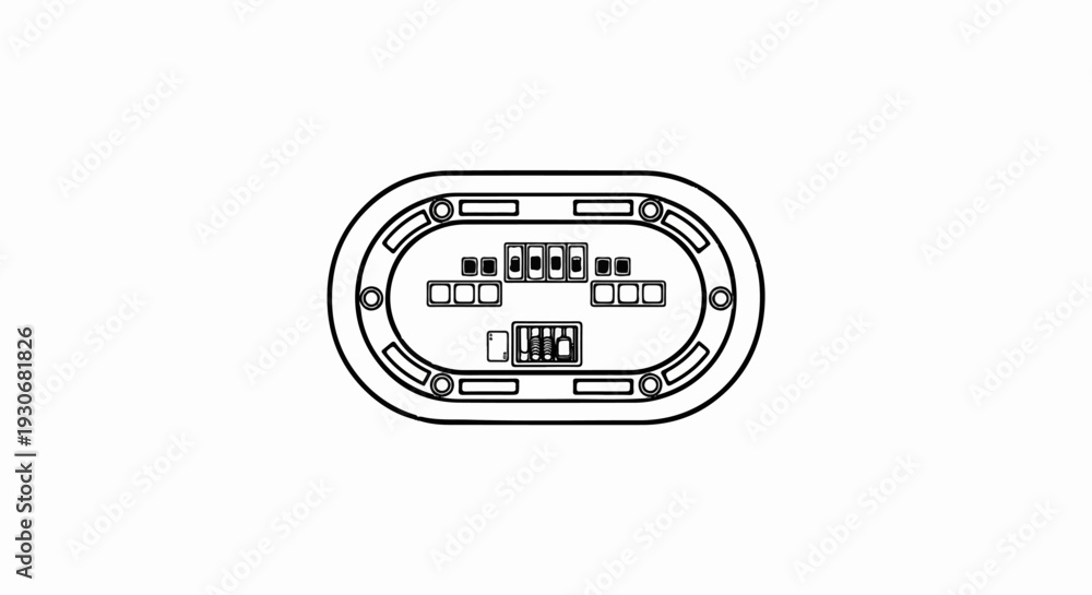 Fototapeta premium Top-down view line art of an oval-shaped poker table with seating areas and chip stacks