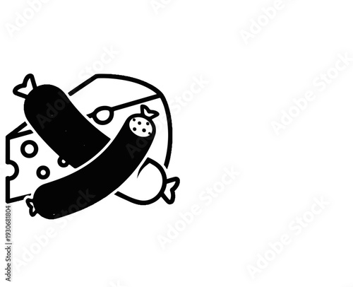 Two sausages and a slice of cheese on a round surface