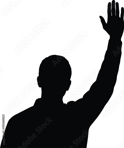 Silhouette of a person raising their hand high above their shoulder in a gesture of volunteering or greeting.