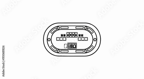 Top-down view line art of an oval-shaped poker table with seating areas and chip stacks