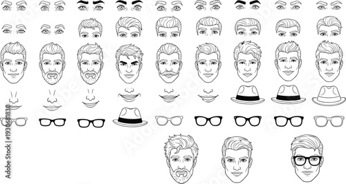 Men facial features and hairstyles vector set with beards glasses and hats line art collection