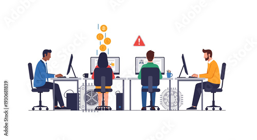 Diverse team of professionals collaborating on a cryptocurrency project in a modern office setting. Vector Illustrations. EPS Editable