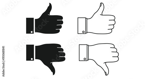 Thumbs up and down hand icons in black and white silhouette